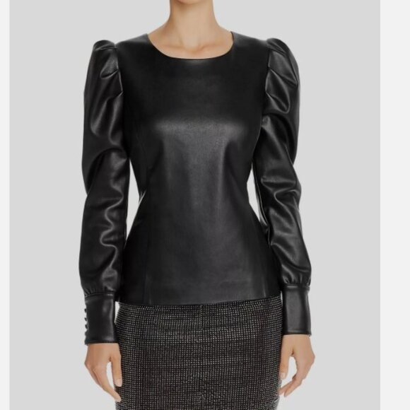 AQUA Luxe Puff-Sleeve Faux Leather Top - Size 10 - Picture 2 of 6